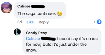 Calisse's comment: The saga continues sad face emoji. My response: I could say it's on ice for now, buts it's just under the snow. 